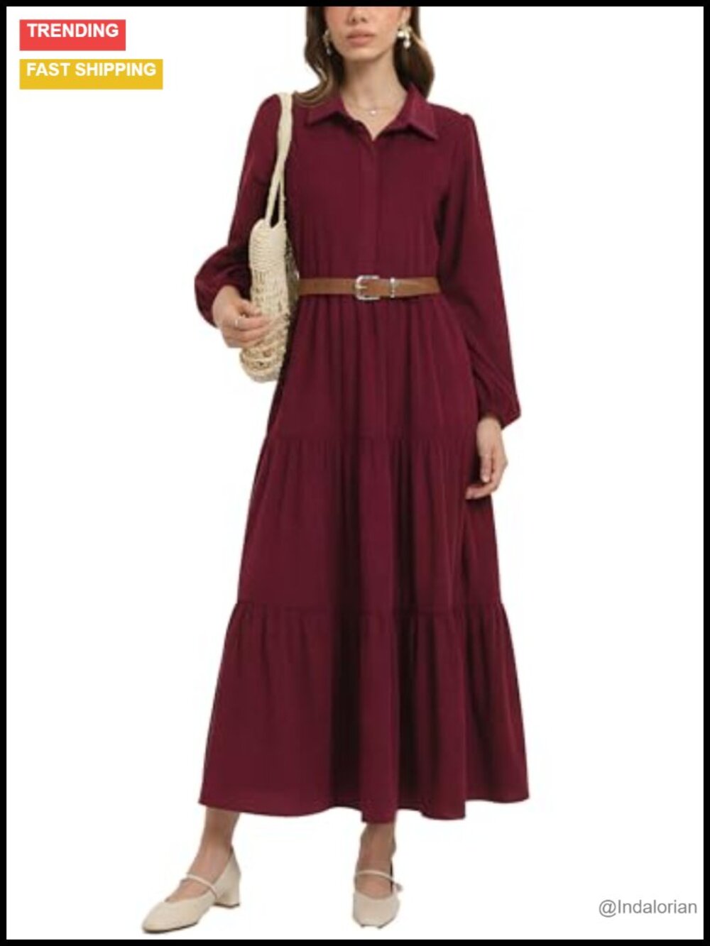 Women Corduroy Maxi Dress Long Sleeve Button Down Tiered Flowy with Pockets